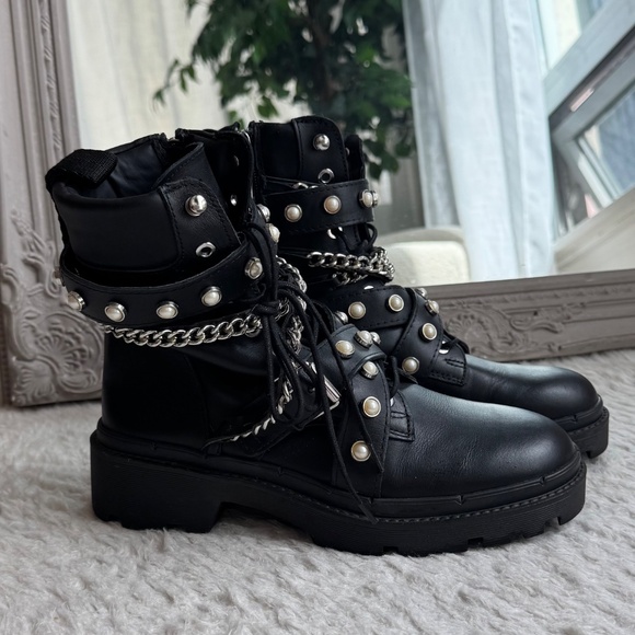 New Zara Moto Boots Black Leather Pearl Metal 38 Combat Biker 7160/001 - Picture 10 of 11